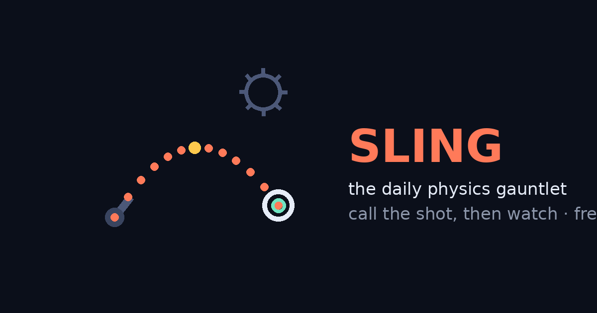 Sling: a glowing ball tracing a thrown arc toward a target ring on a dark field